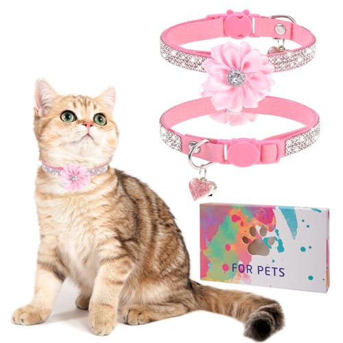 Rhinestone Cat Collar Breakaway with Bell, Diamond Cat Collar with Safety Buckle Quick Release for Girl Boy Small Kitten Pets Puppy,Cute Soft Cat Collars, Color Flower Pink 8-12" - color: Flower Pink (1 Pack), size: 8"-12" Cats / Mini Dogs