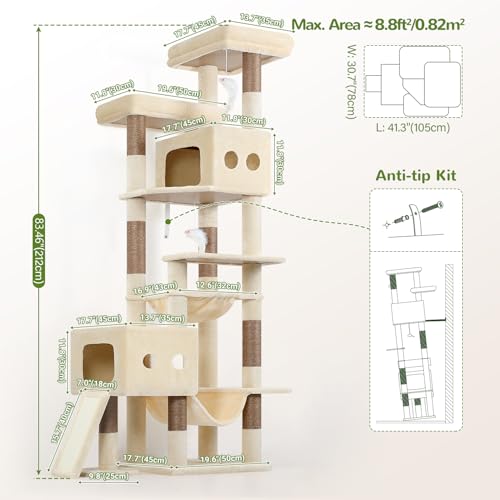 Globlazer Multi-Level Tall Cat Tower 83 inch Sturdy Extra Large Heavy Duty Cat Tree for Indoor Large Adult Cats Kittens with 2 Cat Condo, 8 Scratching Post, 2 Hammock, S83G, Beige - color: Beige