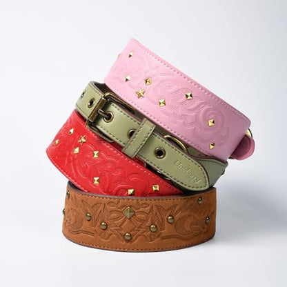 Blueberry Pet Premium Embossed Pink Glam Silver-Powered Freshness Microfiber Leather Dog Collar with Gold Studs - color: Pink, size: Large