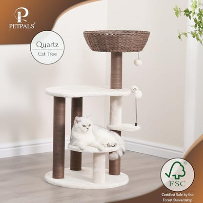 PetPals 5-Level 35" Cat Tree Tower with Paper Handwoven Basket Bed,Multi-Level Climbing Activity Tower with Replaceable Paper Rope Scratching Posts (Cream and Brown) - color: Cream and Brown