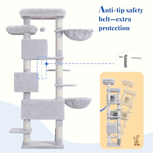 Hey-brother Cat Tree, 74 inches Multi-Level XL Large Cat Tower for Indoor Cats with Three Cat Condos, Two Large Top Decks and Cat Hairbrushfor Kittens, Cats and Pets, Light Gray MPJ035-MW - color: Light Gray