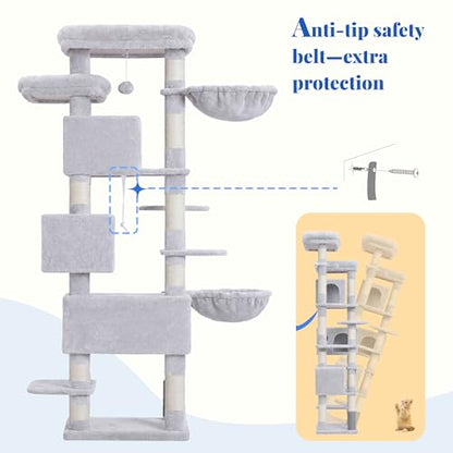 Hey-brother Cat Tree, 74 inches Multi-Level XL Large Cat Tower for Indoor Cats with Three Cat Condos, Two Large Top Decks and Cat Hairbrushfor Kittens, Cats and Pets, Light Gray MPJ035-MW - color: Light Gray