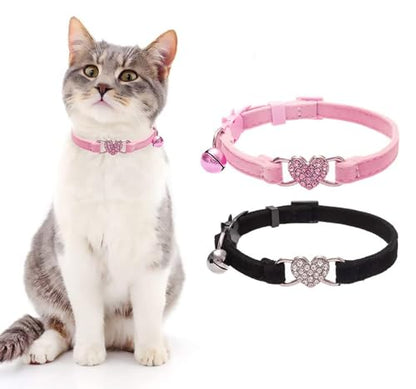 BINGPET Cat Collar Breakaway with Bell, Pack of 2 Heart Bling Collar Safety with Soft Velvet Adjustable for Kittens - color: Heart (Pink + Black)-2pcs