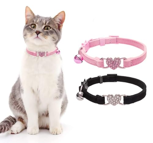 BINGPET Cat Collar Breakaway with Bell, Pack of 2 Heart Bling Collar Safety with Soft Velvet Adjustable for Kittens - color: Heart (Pink + Black)-2pcs