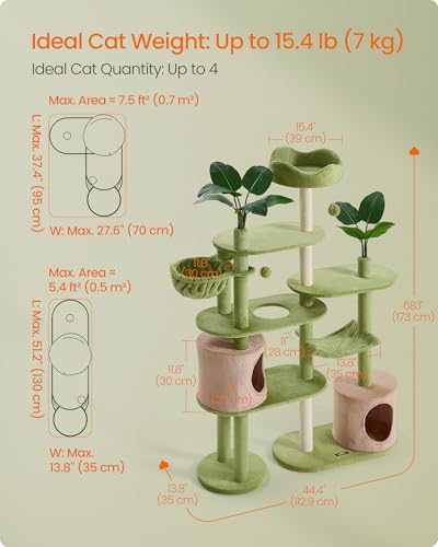Feandrea Cat Tree, 68.1-Inch Tall Cat Tower, Multi-Level Plush Condo with Artificial Leaves, 3 Scratching Posts, 2 Pompoms with Bells, Grass Green and Camel Brown UPCT330C01