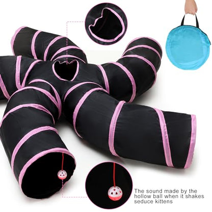 Poen 21 Pcs Cat Tunnel for Indoor Set Collapsible 5 Way Tubes with 20 Pcs Cat Kitten Toys Interactive Feather Toy Mouse Crinkle Balls Tube for Puppy Kitten Rabbit(Pink Black) - color: Pink Black