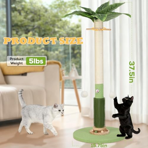 Cat Scratching Post,37.5'' Tall Palm Tree Natural Sisal Scratching Post for Indoor,Stable Vertical Cat Scratcher with Mouse Hole Toy,Rotating Interactive Ball Self Groomer for Full Body Stretching