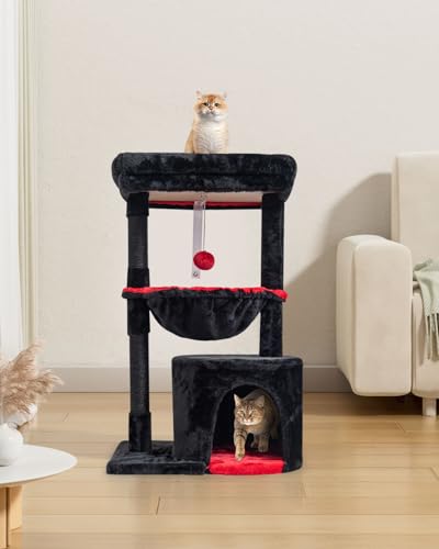 SYANDLVY Gothic Cat Tree with Coffin Bed for Indoor Cats, Small Cat Tower with Scratching Post, Modern Activity House Condo with Cradle, Kittens Cave, Black & Red - color: Black & Red