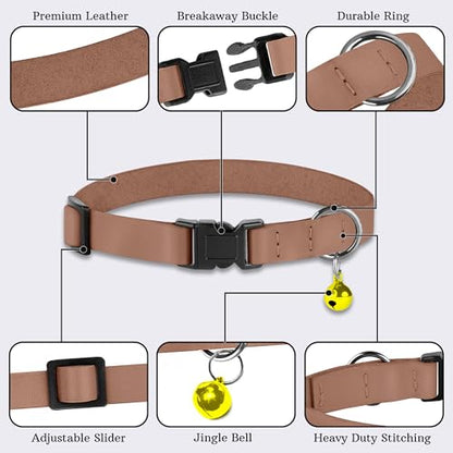 Breakaway Cat Collar with Bell - Leather Adjustable Kitten Collars with Safety Quick Release Buckle - Soft Small Pet Collars for Girl & Boy Cats (Mocha) - color: Mocha