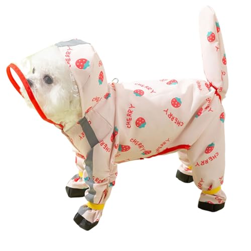 Junchl Small Dog Raincoat Rainboots with D-Ring, Full Coverage Dog Rain Jacket Slicker Poncho, Waterproof Dog Rain Jacket with Reflective Strip, Rainboot, Tail Cover Strawberry M - color: Strawberry, size: M:Back 12"(5-8lb)