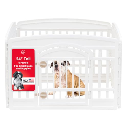 IRIS USA Dog Playpen with Door, 24” 4 Panel Pet Exercise Pen – Indoor Outdoor Puppy Play Pen, Portable Plastic Pet Fence for Small Medium Dogs, Foldable 35” x 35” x 24”, White - color: White, size: 4 Panel - 24" H