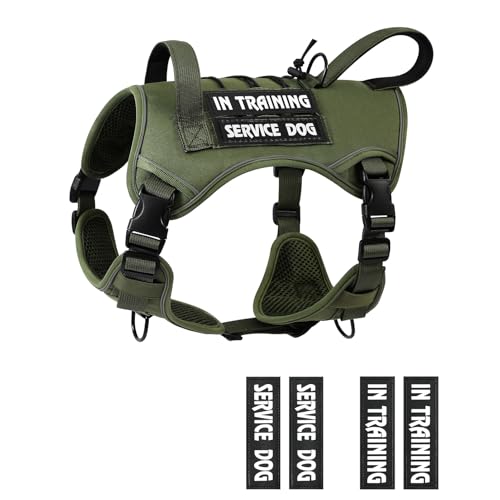 Tactical Dog Harness for Medium Large Size, No Pull Service Dog Vest with Molle System and Control Handle Heavy Duty Pet Vest with 4 Patches, Reflective Adjustable Harness for Walking Training - color: ArmyGreen, size: S