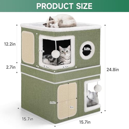 2-Storey Cat House for Indoor Cats, Separate Into 2 Large Cat Bed Cave with Hideaway Condos, Scratch Pads, Hanging Balls, Foldable Indoor Cat House, Cat Cube for Multiple Cats Kitten, Green - style: Green