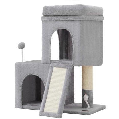 Woochpet 24inch Tall Cat Tree with 2 Cat Condo and Mouse Toy Cozy Small Cat Tower with Scratching Post and Board for Kitties and Small Cats.（Light Grey） (22 * 13 * 28) - size: 22*13*28