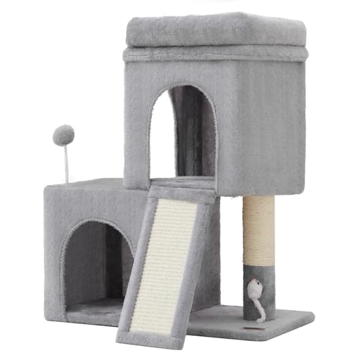 Woochpet 24inch Tall Cat Tree with 2 Cat Condo and Mouse Toy Cozy Small Cat Tower with Scratching Post and Board for Kitties and Small Cats.（Light Grey） (22 * 13 * 28) - size: 22*13*28