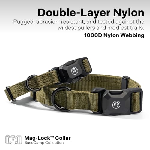 Heavy Duty Dog Collar with Quick-Release Magnetic Buckle, Adjustable Double Layer Nylon Dog Collar for Large Dogs, (Green, L: 16" to 24") - color: Green, size: L: 16" to 24"