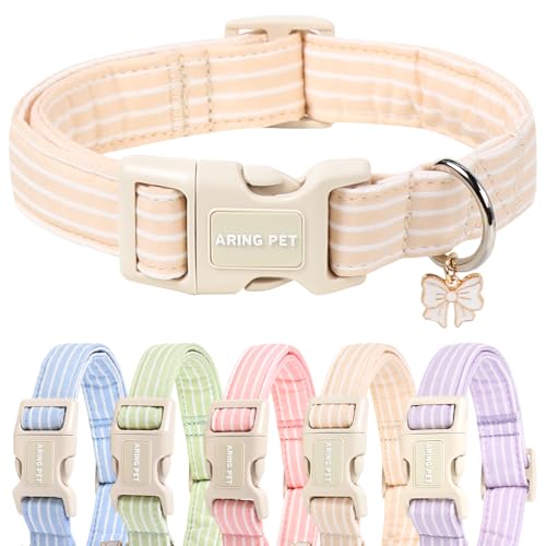 ARING PET Stripe Dog Collar, Cute Spring Summer Khaki Stripe Pet Collars with Bow Charm for Puppy Small Medium Large Boy Girl Dogs, for Daily Outdoor Walking Beach Stroll-XS - color: Stripe Khaki, size: X-Small