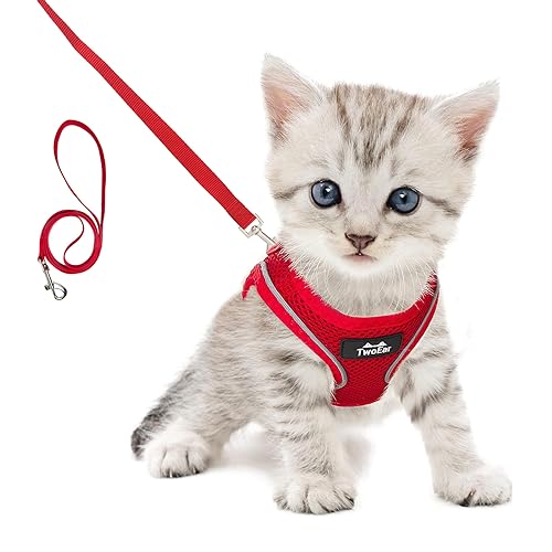 TwoEar Cat Harness Escape Proof, Soft Dog Vest Harness Adjustable, Breathable Mesh Step-in Puppy Walking Jacket Reflective Easy Control for Extral Small Pets for Outdoor Walking(XXXS, Red) - color: Red, size: XXXS(Neck:10.2-11.4"/Chest:11.4-12.6")