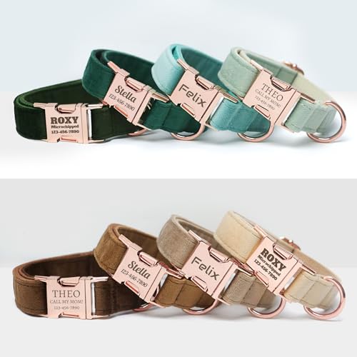 Personalized Velvet Dog Collar with Name - Custom Engraved Buckle, Adjustable Luxury Velvet Collar for Small Medium Large Dogs (Beige, XS) - color: Beige, size: XS