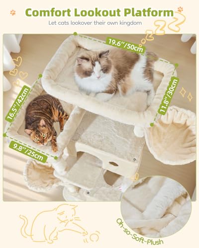 Taoqimiao Cat Tree Tower, 76-Inch Sturdy Cat Tree for Indoor Cats Large Adult Cat Tower with Scratching Posts，2 Condos, 2 Perches, 2 Large Hanging Baskets, Soft Hammock, MS046M Beige - color: Beige