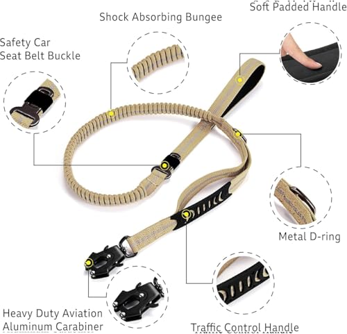 Heavy Duty Tactical Dog Leash, 4-6FT Shock Absorbing Tactical Leash with 2 Padded Handles, Metal Carabiner Clip,Car Seatbelt, Reflective Heavy Duty Leashes for Medium Large Dogs (Brown) - color: Brown