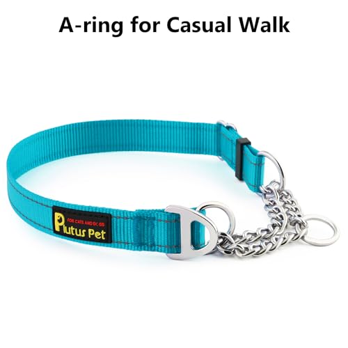 Plutus Pet Martingale Dog Collar with Stainless Steel Chain and Reflective Nylon, Adjustable No Pull Training Collar, for Small Medium, and Large Dogs, Cyan, S - color: Cyan, size: Small