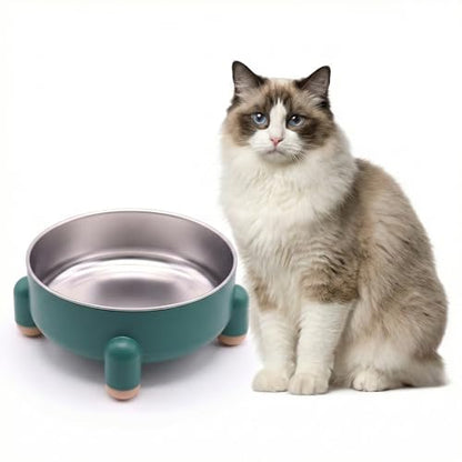Raised Cat Food Bowl, Anti Vomiting Elevated Cat Bowl Stainless Steel, Whisker Friendly Shallow Wide Dish, 3 Cups (24 oz) Non-Slip Dishwasher Safe for Indoor Cats (Green, 1-Pack) - size: 1 Pcs