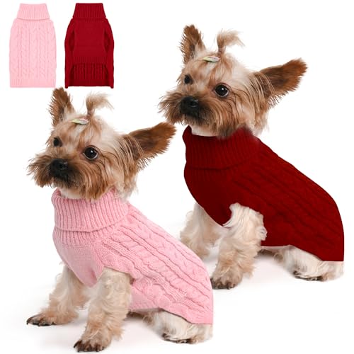 2 Pack Dog Sweaters for Small Dogs Winter Turtleneck Pullover Cable Knit Fleece Stretch Puppy Doggie Chihuahua Toy Poodle Yorkie Pomeranian Boy Girl Pet Clothes (XS, Pink & Red) - color: Pink & Red, size: X-Small