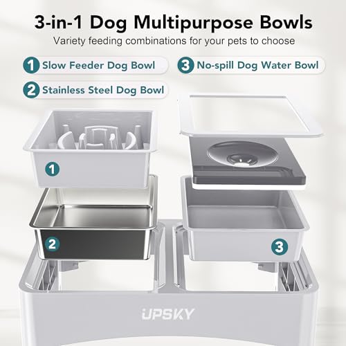 UPSKY 3-in-1 Elevated Dog Bowls: Slow Feeder, Adjustable Stand, No Spill Dispenser - Stainless Steel Food & Water Bowl for Small to Medium Dogs, White - color: E-3-in-1 (White)