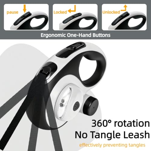 26ft Retractable Dog Leash for Large Dogs with Poop Bag Holder and LED Light,Heavy Duty Retractable Dog Leash with Chew Proof Extender,One-Hand Lock System,Impact-Resistant,Up to 110 lbs(Wihte) - color: Wihte