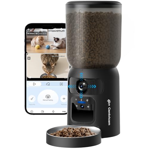 Automatic Cat Feeder with Movable Camera: 5G WiFi Automatic Dog Feeder with Laser Pointer,Cat Food Dispenser with Night Vision for Multiple Pet, Detachable for Easy Clean -24 Cup -6L Storage - color: Black