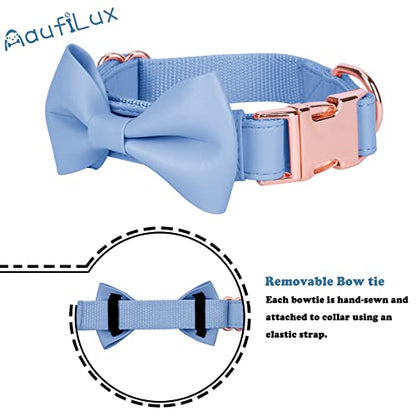 Soft Leather Bowtie Dog Collar - Adjustable Cute Bow Tie Collar [Easy to Clean] with Stylish Rose Gold Heavy Duty Metal Buckle for Small Medium Large Dogs Blue L - color: Blue, size: L(15.4"-24.8")