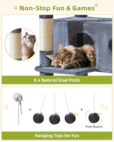 Taoqimiao Cat Tree Tower, 76-Inch Sturdy Cat Tree for Indoor Cats Large Adult Cat Tower with Scratching Posts，2 Condos, 2 Perches, 2 Large Hanging Baskets, Soft Hammock, MS046G Smoke Gray - color: Smoke Gray