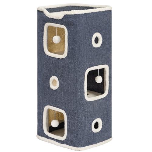 Cat House, Cat Beds for Indoor Cats, 3-Story Cat Condo Cube with Scratch Pad and Fluffy Ball Hanging, Multi-Level Cozy Hideout Center Ideal for Small/Medium Cats - color: Blue, size: 3-Story