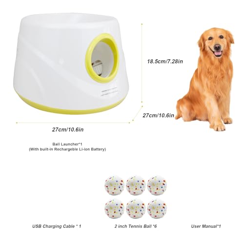 Automatic Dog Ball Launcher with 6 ETPU Balls, White, Adjustable Distance 20-45ft, USB Rechargeable, Interactive Pet Toys (Yellow) - color: Yellow-Standard