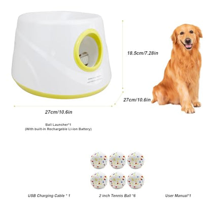Automatic Dog Ball Launcher with 6 ETPU Balls, White, Adjustable Distance 20-45ft, USB Rechargeable, Interactive Pet Toys (Yellow) - color: Yellow-Standard
