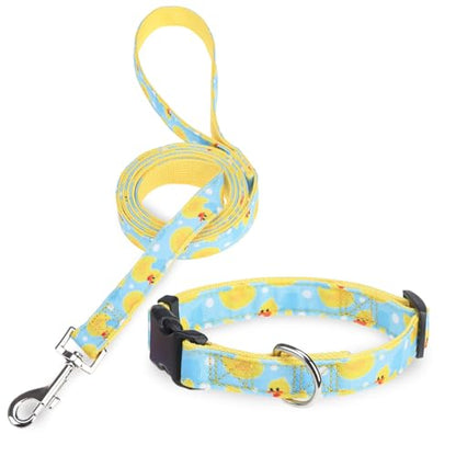 Dog Collar and Leash Set, Adjustable Dog Collars for Small Medium Dogs Boys Girls, Soft Durable Nylon Collar and Matching Leash, Cute Puppy Collars,Yellow - color: Yellow duck, size: Small(Neck:11.8"-16.2")