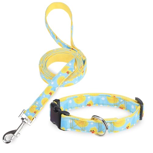Dog Collar and Leash Set, Adjustable Dog Collars for Small Medium Dogs Boys Girls, Soft Durable Nylon Collar and Matching Leash, Cute Puppy Collars,Yellow - color: Yellow duck, size: Small(Neck:11.8"-16.2")