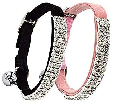 CHUKCHI Soft Velvet Safe Cat Adjustable Collar Bling Diamante with Bells,2 Pcs Black+Pink - color: Black+Pink