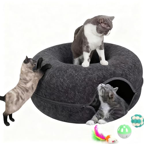 Cat Donut Tunnel Bed for Indoor Cats - Peekaboo Cat Cave, Detachable Felt, Washable, Interactive Play & Cozy Rest Space for Multiple Cats (Dark Gray) - color: Dark Gray
