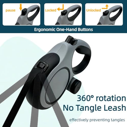 26ft Retractable Dog Leash for Large Dogs with Poop Bag Holder,Heavy Duty Retractable Dog Leash with Chew Proof Extender,One-Hand Lock System,Impact-Resistant,Up to 110 lbs (Grey) - color: Grey