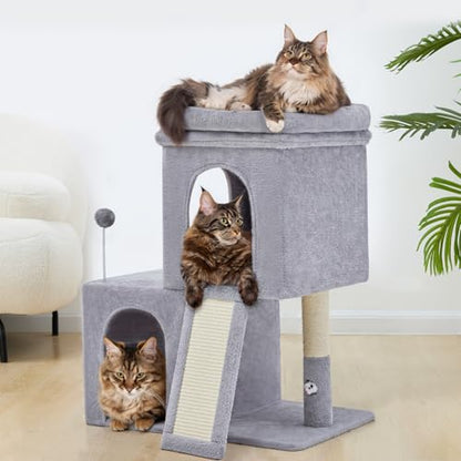 Woochpet 32inch Tall Cat Tree with 2 cat condo for Adult Cats Cozy Cat Tower with Scratching Post and Scrather Board for Cats of Different Ages.（Light Grey） - size: 26*16*32