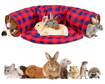 BWOGUE Bunny Tunnel Bed, 2-in-1 Collapsible Tunnel Tubes Toys with Removable Mat Hideout for Cats Kittens Rabbits Guinea Pigs Kitty (RedPlaid) - color: RedPlaid