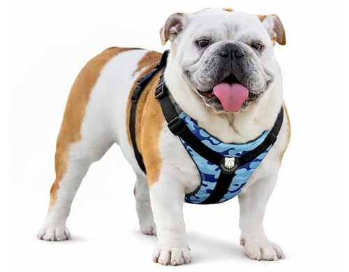 No-Pull Harness for English & French Bulldogs - Adjustable Wide-Chest Fit, Reflective Vest with Control Handle (Bully Blue Camo, Large) - color: Bully Blue Camo, size: Large