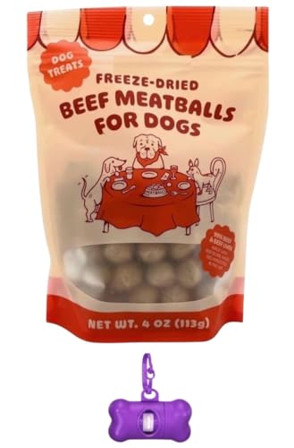 TJ's Beef Meatballs for Dogs, Freeze Dried,Dog Treats 4 oz, Resealable Bag with Bone Waste Bag Dispenser & Free Rolls