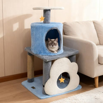 PETSITE 31.5-inch Cute Cat Tree, Multi-Level Small Cat Tree with Scratching Posts, Condo, Star-Shaped Dangling Toys, and Top Perch, Star, Moon & Cloud Elements Mixed, Ideal for Indoor Cats (Blue) - color: Blue