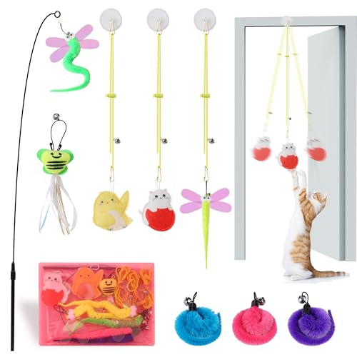 Interactive Cat Toys, 8 Assorted Teaser Refills, 3 Indoor Cat Hanging Toy and 1 Interactive Wand Suitable for Indoor Cats - style: 12 Wand /Hanging