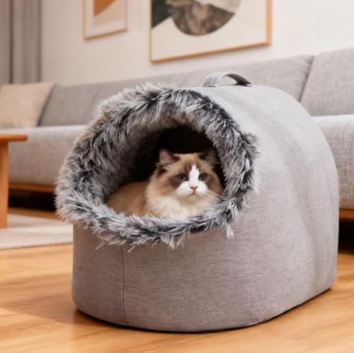 Portable Warm Cat Cave Bed, Soft Plush Hooded Pet Calming Nest for Small Cats, Cat Sleep Bag for Indoor Cats, Washable Removable Inner Cushion for Winter Pets Under 20lbs (Gray B, Small) - color: Gray B, size: Small