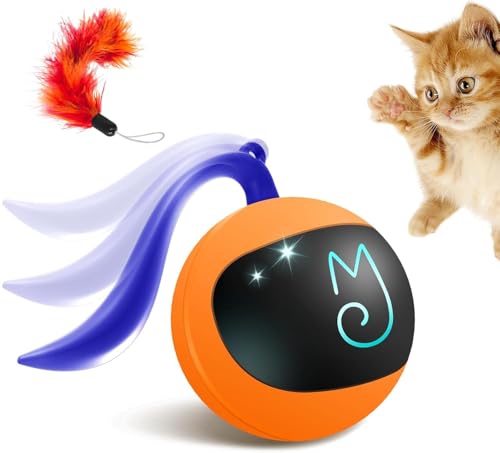 Migipaws Interactive Cat Ball Toy Set, Fun Tracker, Automatic Rolling Chase Ball with Fluffy Tail, A Small Mice, Rechargeable (Orange) - color: Orange