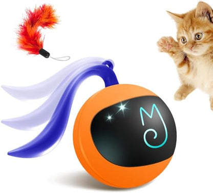 Migipaws Interactive Cat Ball Toy Set, Fun Tracker, Automatic Rolling Chase Ball with Fluffy Tail, A Small Mice, Rechargeable (Orange) - color: Orange